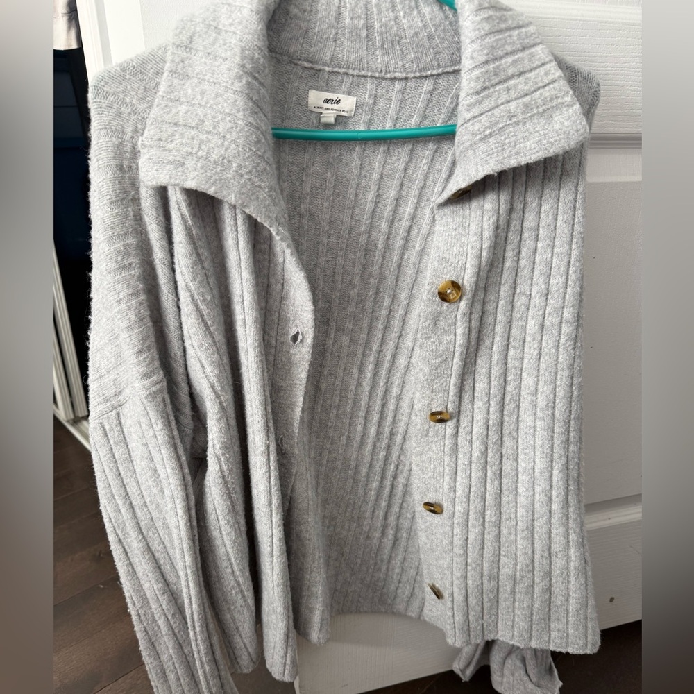Aerie Light Gray Ribbed Cardigan